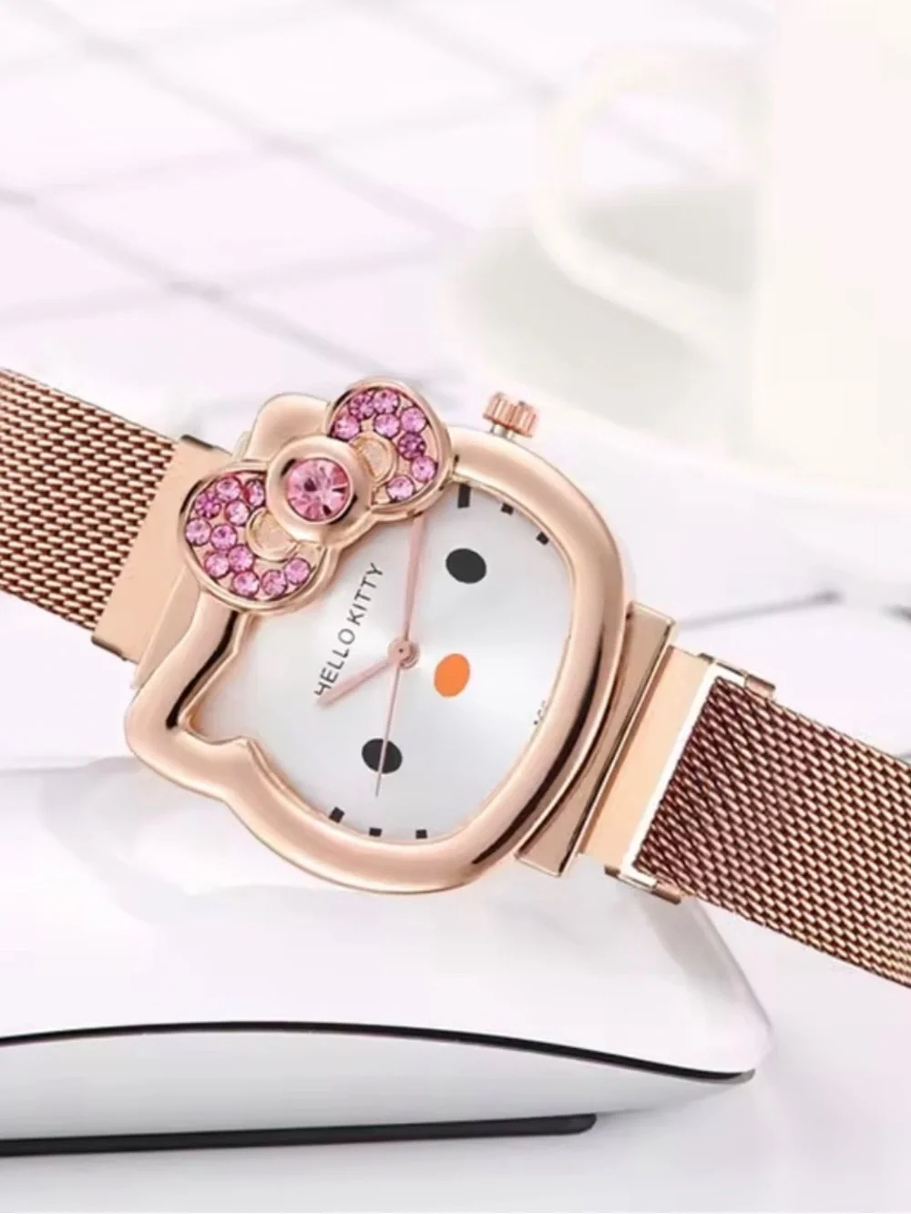 Cute Rose Gold Mesh Watch with Pink Crystal Bow